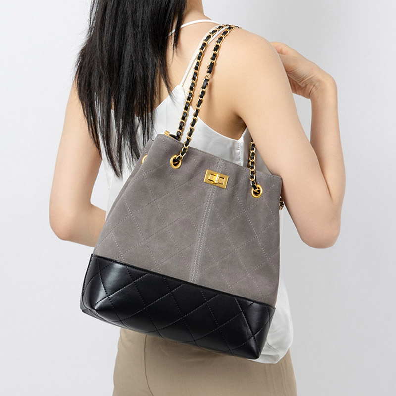 Women's Quilted Suede Split Leather Chain Crossbody Shoulder Hobo Bag in Gold Hardware