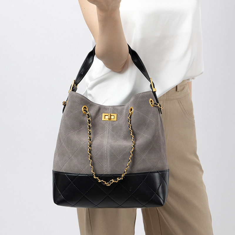 Women's Quilted Suede Split Leather Chain Crossbody Shoulder Hobo Bag in Gold Hardware
