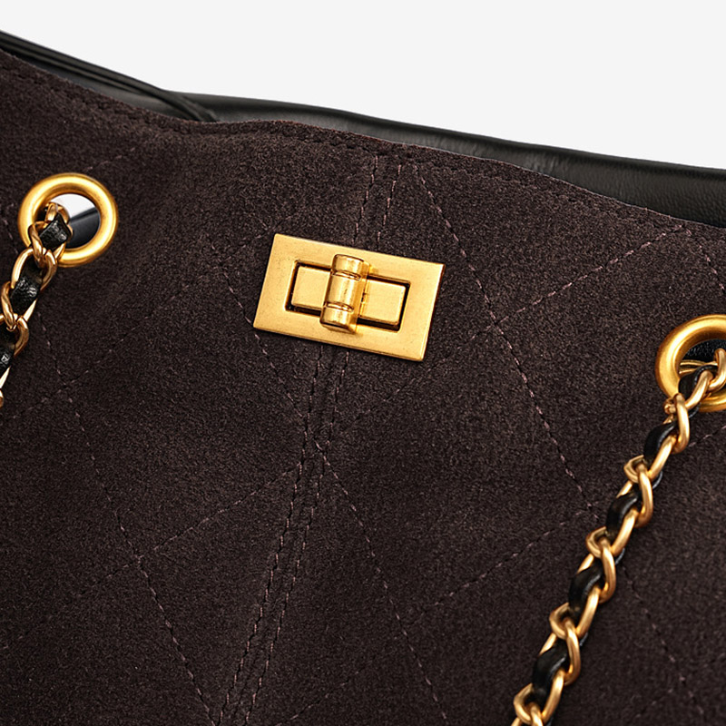 Women's Quilted Suede Split Leather Chain Crossbody Shoulder Hobo Bag in Gold Hardware