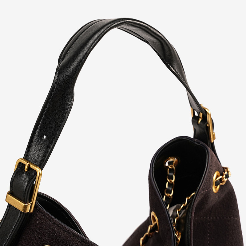 Women's Quilted Suede Split Leather Chain Crossbody Shoulder Hobo Bag in Gold Hardware