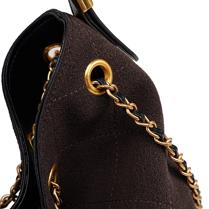 Women's Quilted Suede Split Leather Chain Crossbody Shoulder Hobo Bag in Gold Hardware