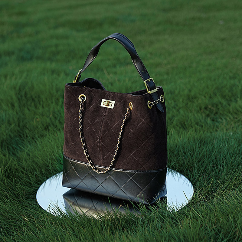 Women's Quilted Suede Split Leather Chain Crossbody Shoulder Hobo Bag in Gold Hardware