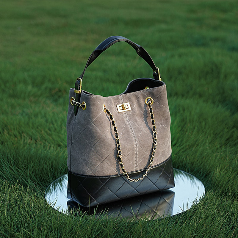Women's Quilted Suede Split Leather Chain Crossbody Shoulder Hobo Bag in Gold Hardware