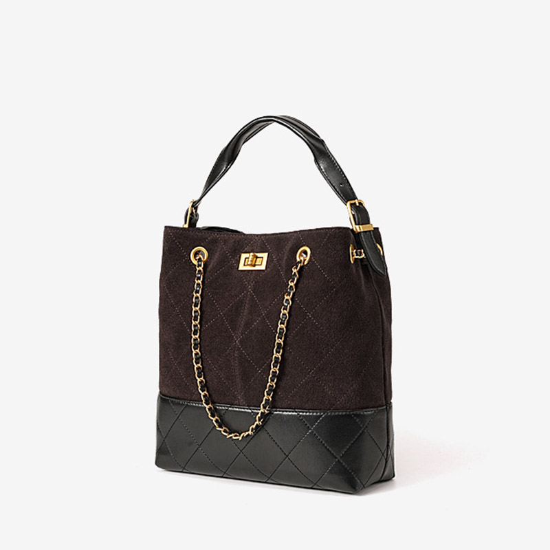 Women's Quilted Suede Split Leather Chain Crossbody Shoulder Hobo Bag in Gold Hardware