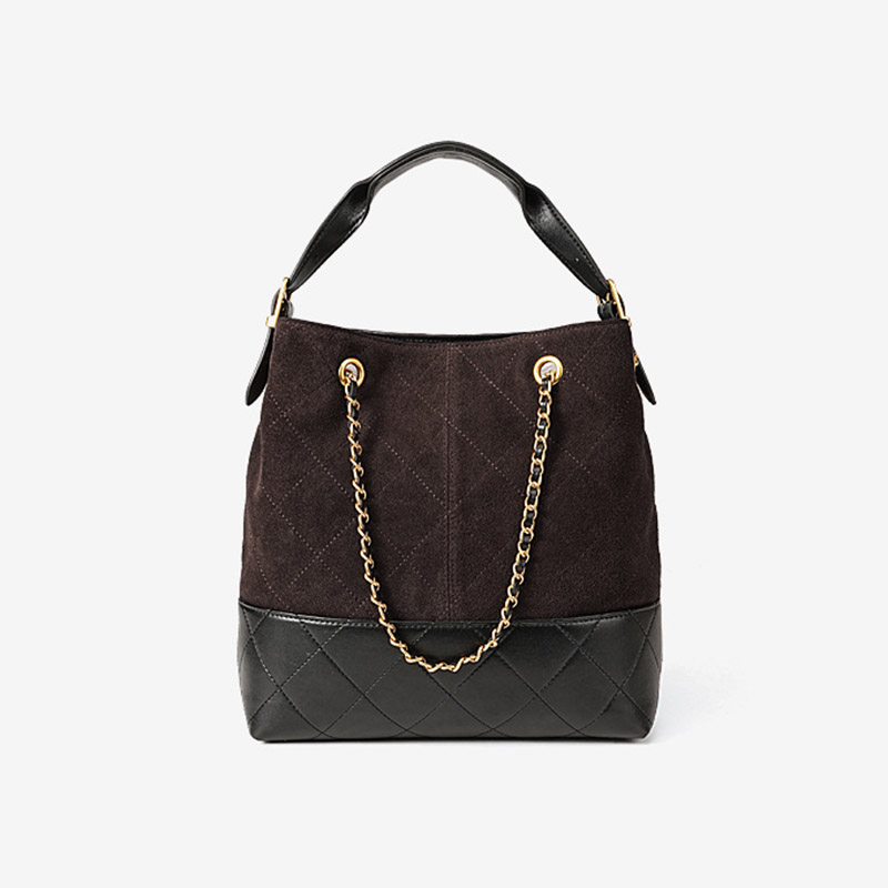 Women's Quilted Suede Split Leather Chain Crossbody Shoulder Hobo Bag in Gold Hardware