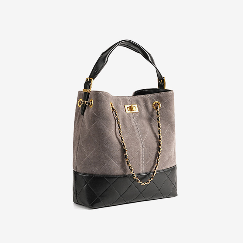 Women's Quilted Suede Split Leather Chain Crossbody Shoulder Hobo Bag in Gold Hardware