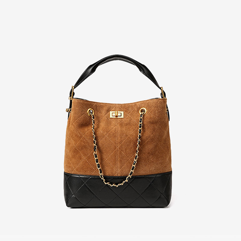 Women's Quilted Suede Split Leather Chain Crossbody Shoulder Hobo Bag in Gold Hardware