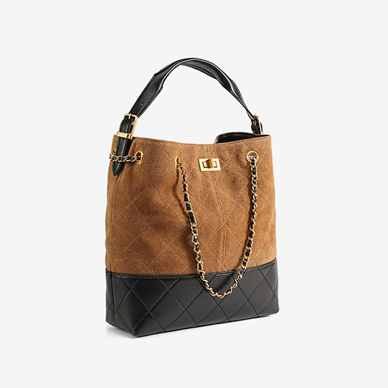 Women's Quilted Suede Split Leather Chain Crossbody Shoulder Hobo Bag in Gold Hardware