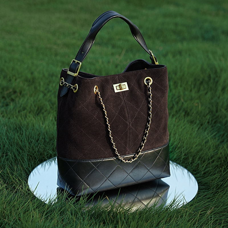 Women's Quilted Suede Split Leather Chain Crossbody Shoulder Hobo Bag in Gold Hardware