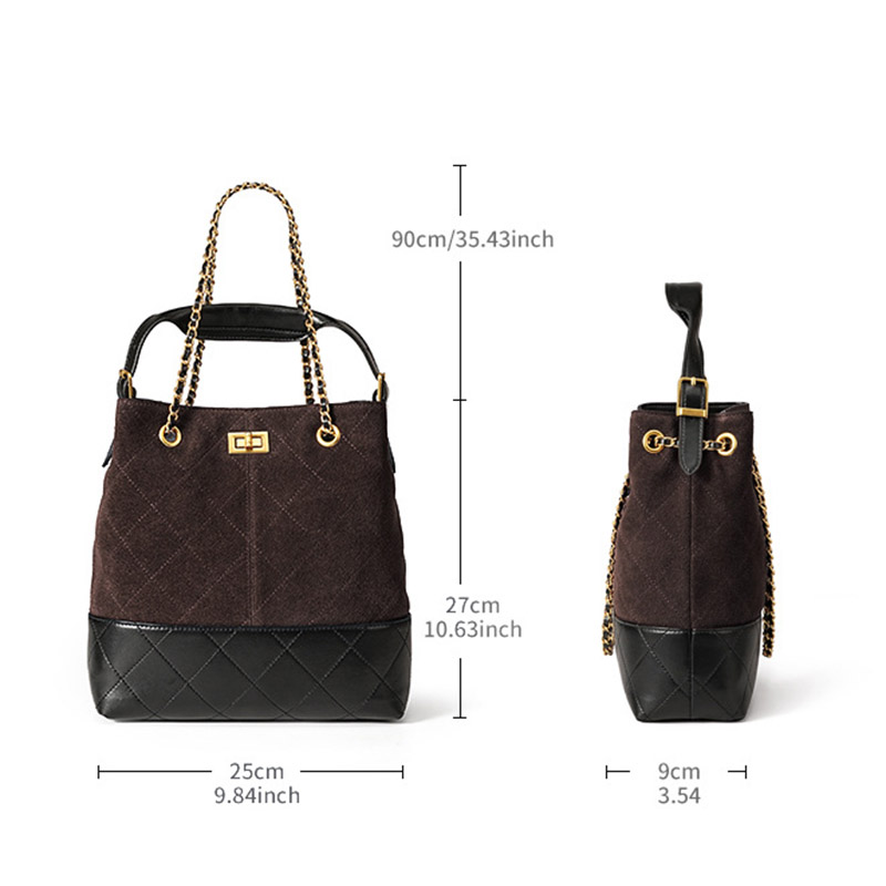 Women's Quilted Suede Split Leather Chain Crossbody Shoulder Hobo Bag in Gold Hardware