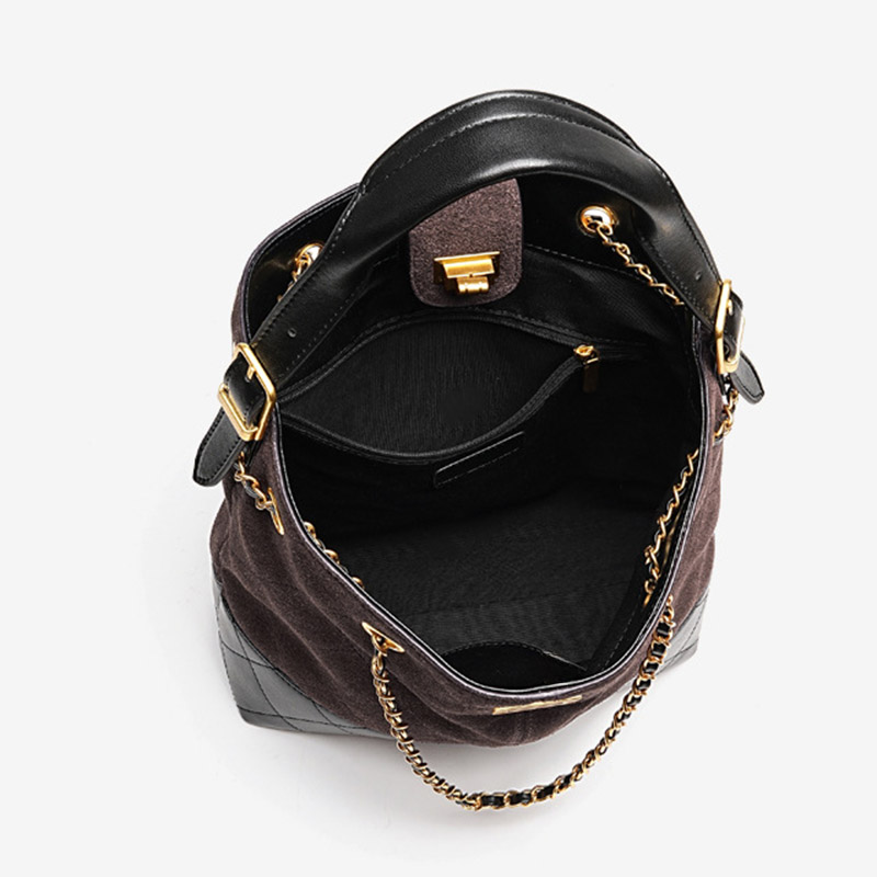 Women's Quilted Suede Split Leather Chain Crossbody Shoulder Hobo Bag in Gold Hardware