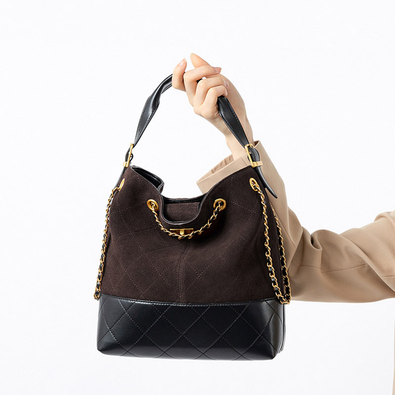Women's Quilted Suede Split Leather Chain Crossbody Shoulder Hobo Bag in Gold Hardware