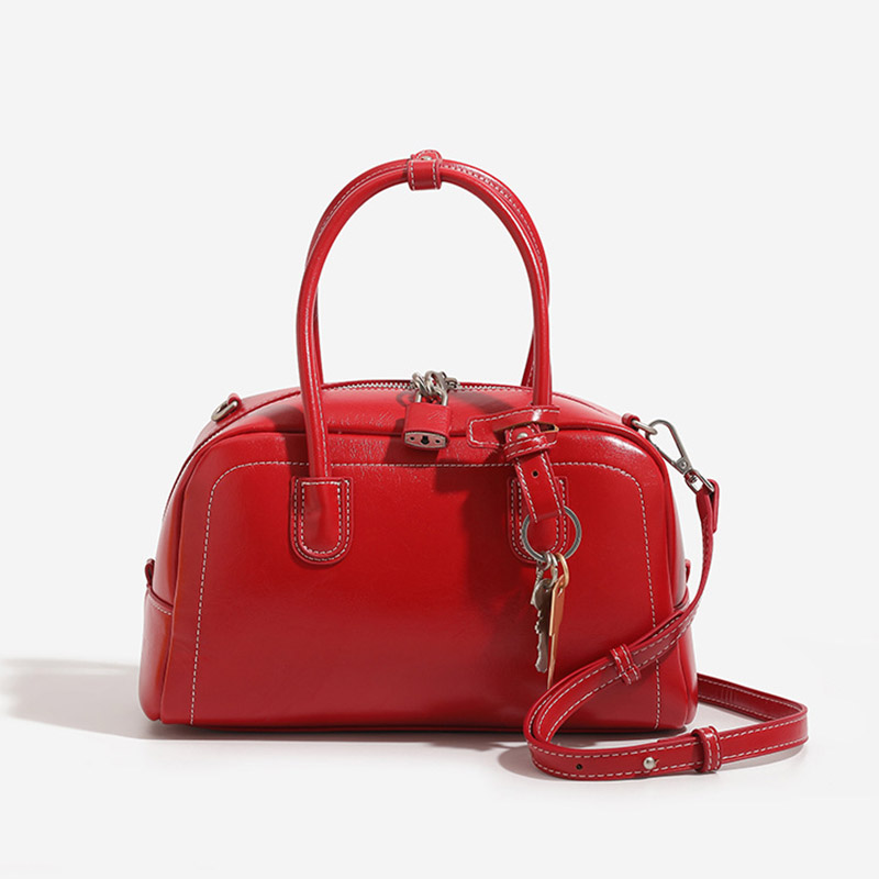 Sac à main en cuir ciré Vegan Boston verrouillé avec sangle pour le corps de la femme