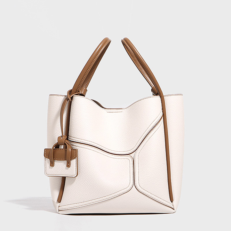 Women's Split Cowhide Leather Stitching Bucket Handbags