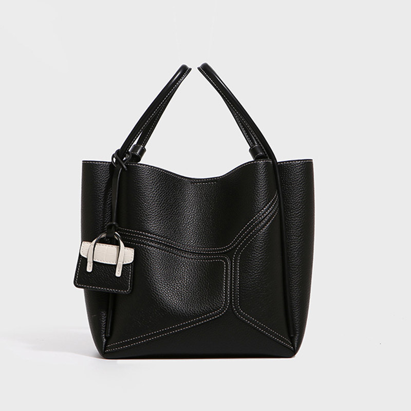 Women's Split Cowhide Leather Stitching Bucket Handbags