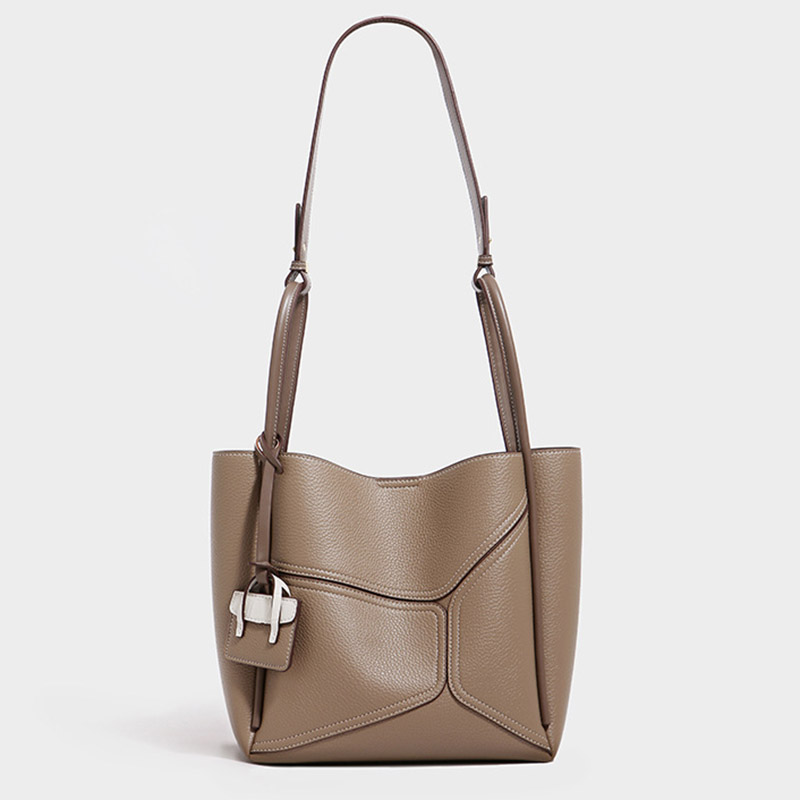 Women's Split Cowhide Leather Stitching Bucket Handbags