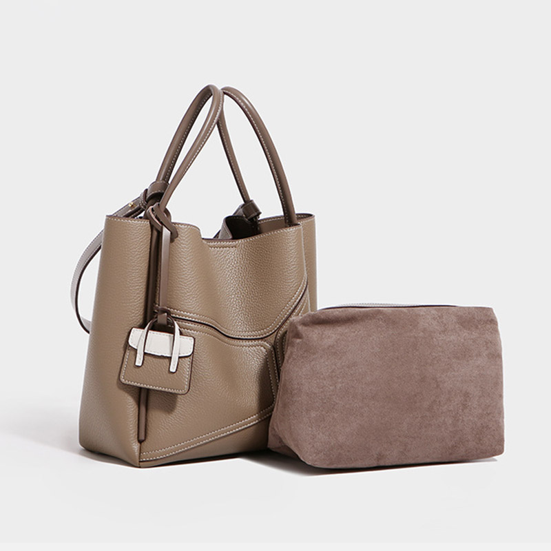 Women's Split Cowhide Leather Stitching Bucket Handbags