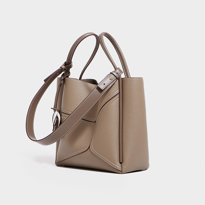 Women's Split Cowhide Leather Stitching Bucket Handbags
