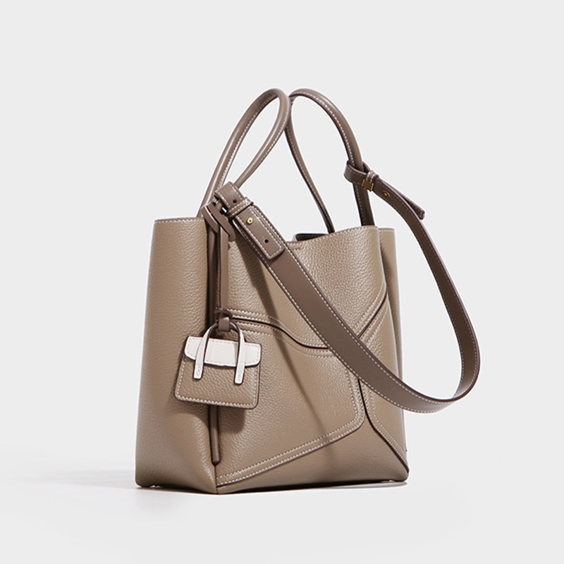 Women's Split Cowhide Leather Stitching Bucket Handbags