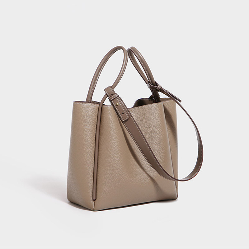 Women's Split Cowhide Leather Stitching Bucket Handbags