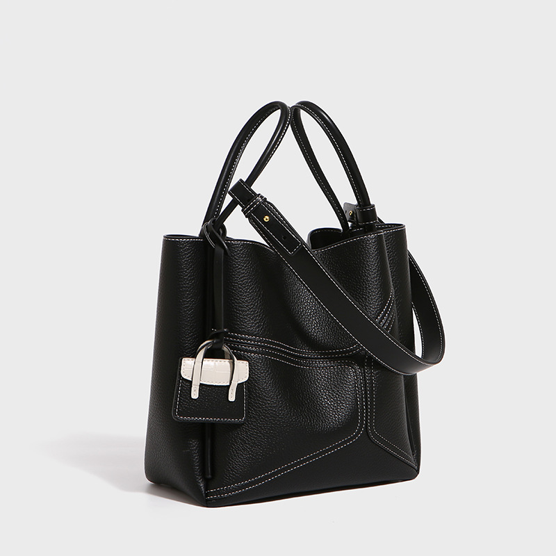 Women's Split Cowhide Leather Stitching Bucket Handbags