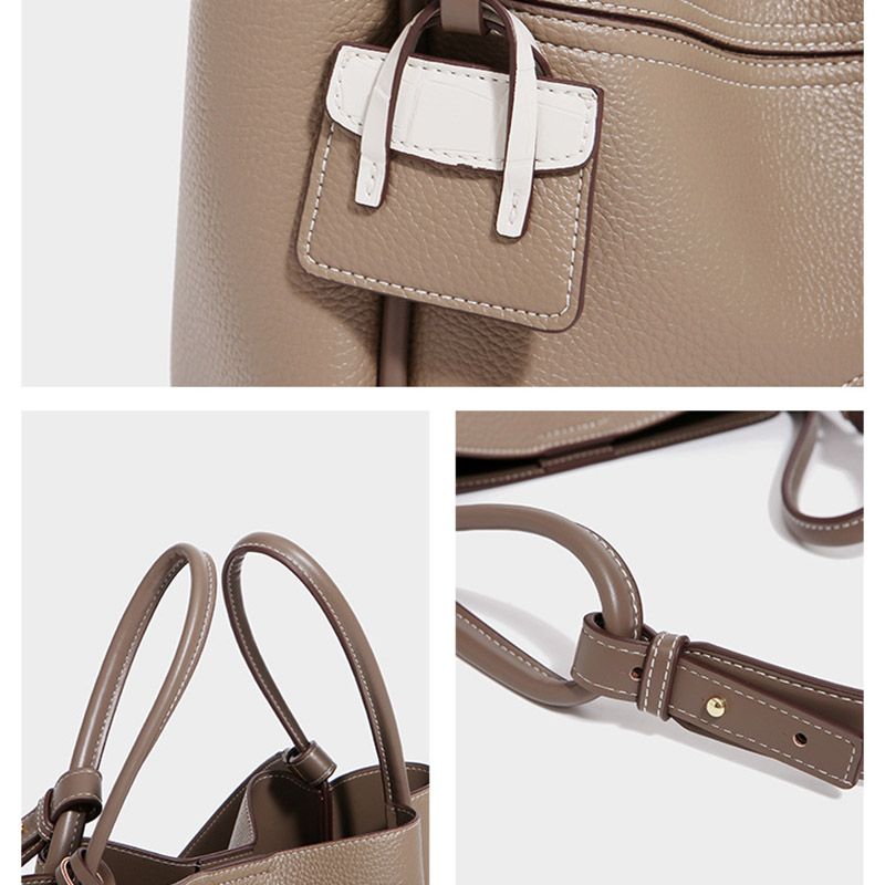 Women's Split Cowhide Leather Stitching Bucket Handbags
