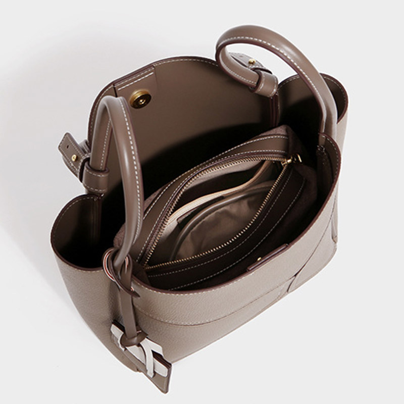 Women's Split Cowhide Leather Stitching Bucket Handbags