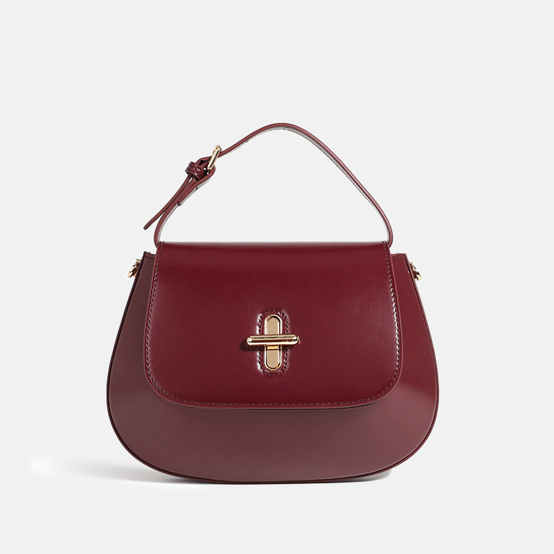 Women's Split Leather Minimalist Oval Flap Lock Crossbody Shoulder Saddle Handbag