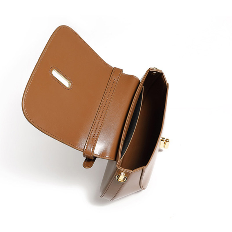 Women's Split Leather Minimalist Oval Flap Lock Crossbody Shoulder Saddle Handbag