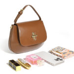 Women's Split Leather Minimalist Oval Flap Lock Crossbody Shoulder Saddle Handbag