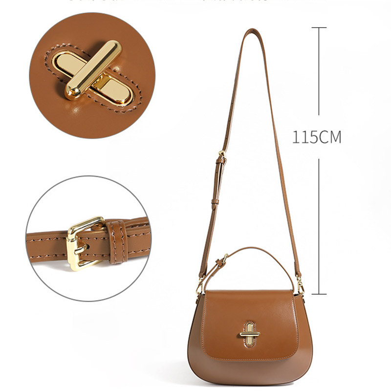 Women's Split Leather Minimalist Oval Flap Lock Crossbody Shoulder Saddle Handbag