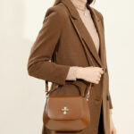 Women's Split Leather Minimalist Oval Flap Lock Crossbody Shoulder Saddle Handbag