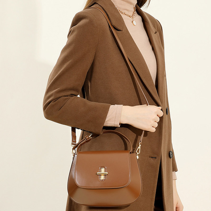Women's Split Leather Minimalist Oval Flap Lock Crossbody Shoulder Saddle Handbag