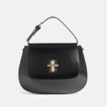 Women's Split Leather Minimalist Oval Flap Lock Crossbody Shoulder Saddle Handbag