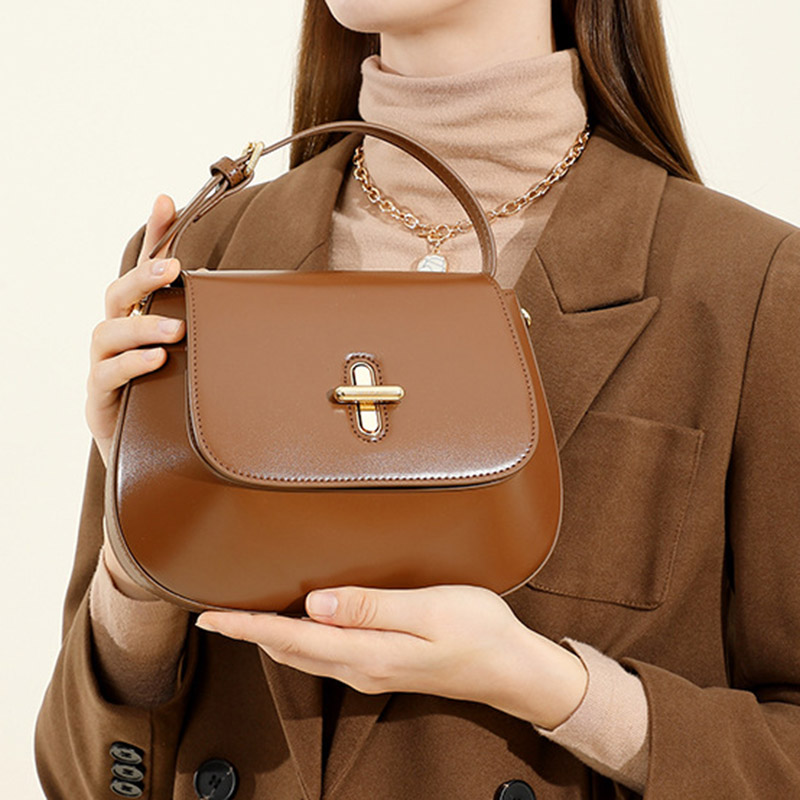 Women's Split Leather Minimalist Oval Flap Lock Crossbody Shoulder Saddle Handbag