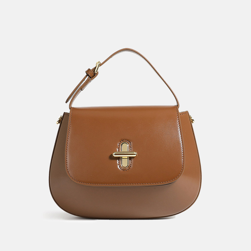 Women's Split Leather Minimalist Oval Flap Lock Crossbody Shoulder Saddle Handbag