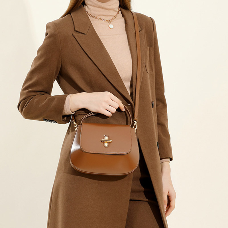 Women's Split Leather Minimalist Oval Flap Lock Crossbody Shoulder Saddle Handbag
