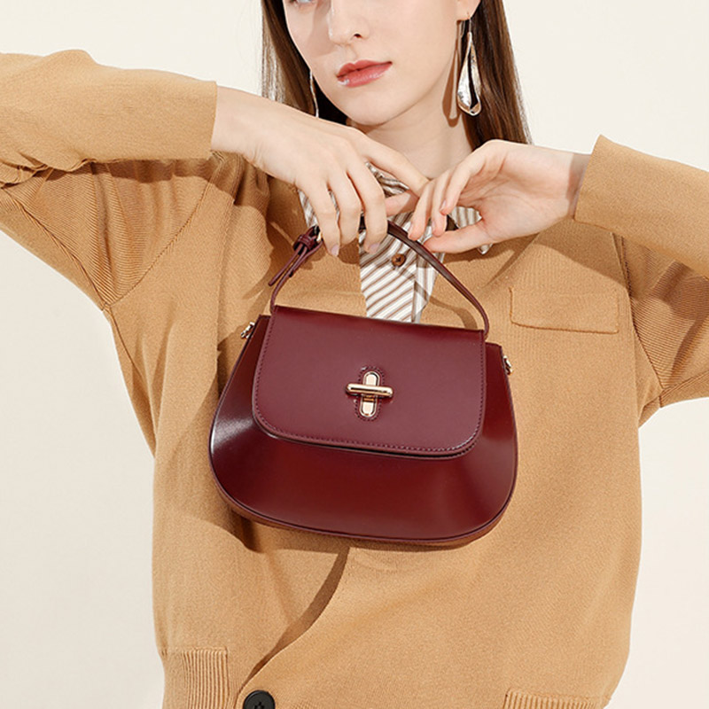 Women's Split Leather Minimalist Oval Flap Lock Crossbody Shoulder Saddle Handbag