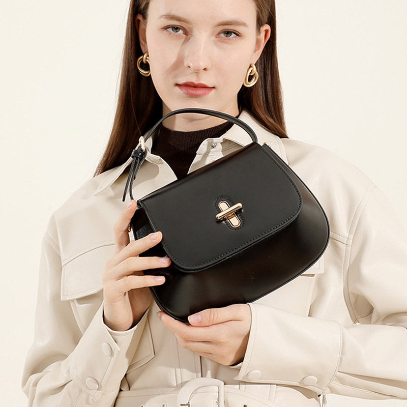 Women's Split Leather Minimalist Oval Flap Lock Crossbody Shoulder Saddle Handbag