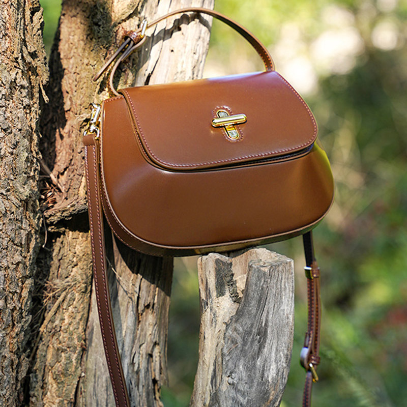 Women's Split Leather Minimalist Oval Flap Lock Crossbody Shoulder Saddle Handbag
