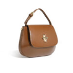 Women's Split Leather Minimalist Oval Flap Lock Crossbody Shoulder Saddle Handbag