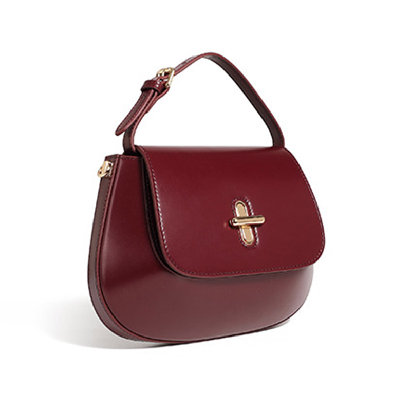 Women's Split Leather Minimalist Oval Flap Lock Crossbody Shoulder Saddle Handbag