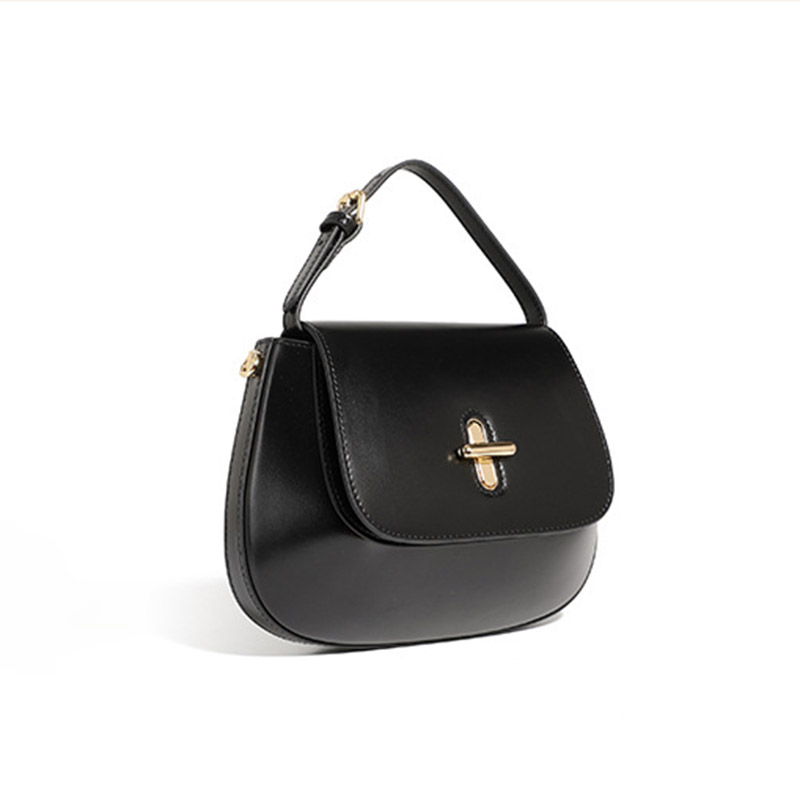 Women's Split Leather Minimalist Oval Flap Lock Crossbody Shoulder Saddle Handbag