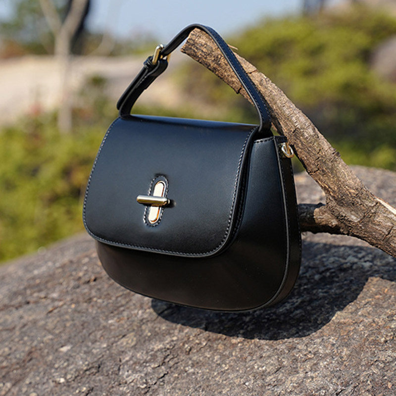 Women's Split Leather Minimalist Oval Flap Lock Crossbody Shoulder Saddle Handbag