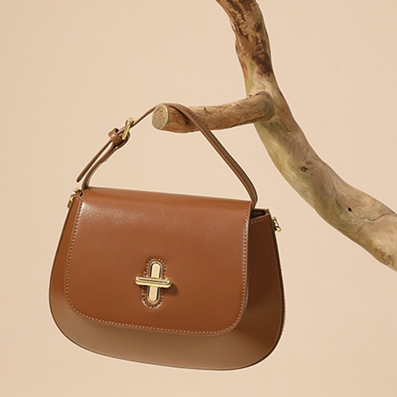Women's Split Leather Minimalist Oval Flap Lock Crossbody Shoulder Saddle Handbag