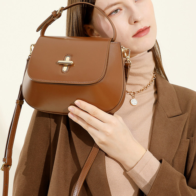 Women's Split Leather Minimalist Oval Flap Lock Crossbody Shoulder Saddle Handbag