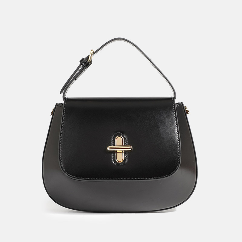 Women's Split Leather Minimalist Oval Flap Lock Crossbody Shoulder Saddle Handbag
