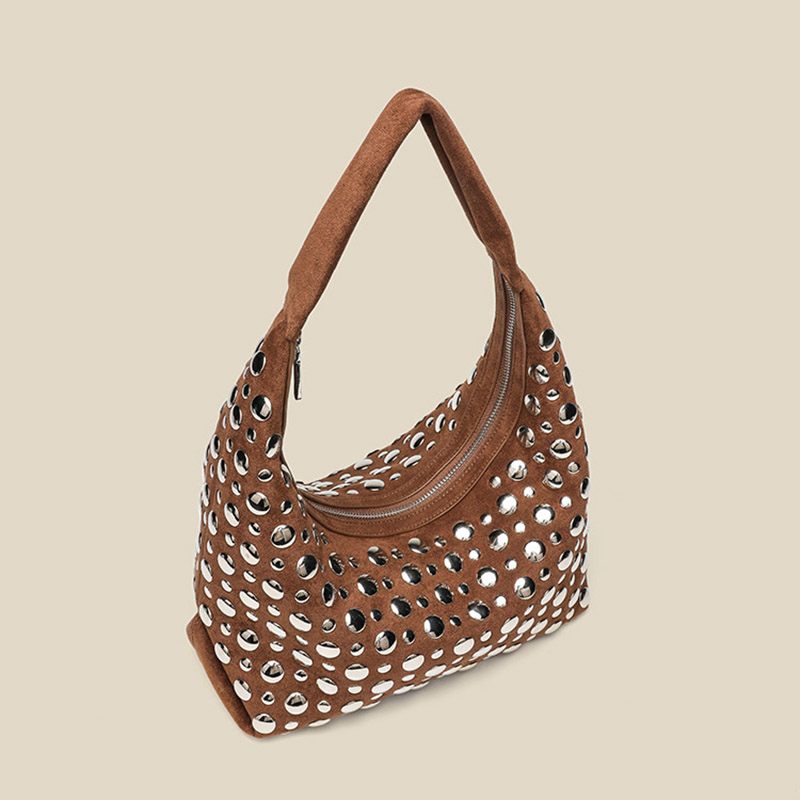 Women's Suede Dot Studded Hobo Shoulder Bag
