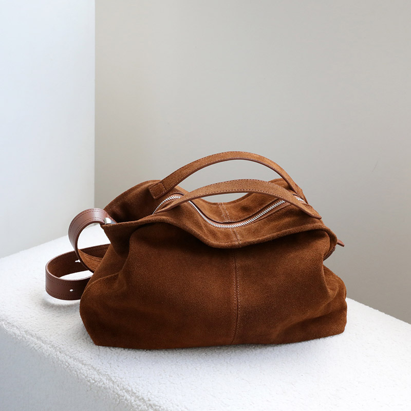 Women's Suede Leather Minimalist Zipper Closure Shoulder Crossbody Handbag