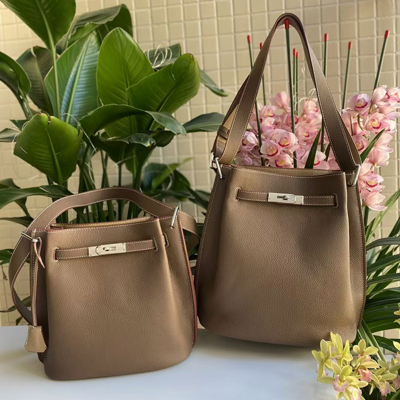 Women's Top-Grain Leather Vintage Drawstring Buckle Shoulder Crossbody Bucket Bag